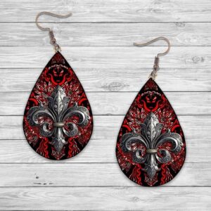 Red & Black Fleur De Lis Teardrop Earrings