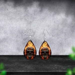 Flaming Fire Skull Teardrop Earrings