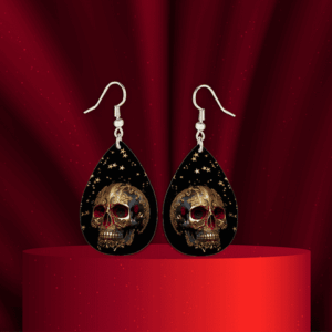Gold And Red Skull Teardrop Earrings