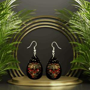 Ornate Red And Gold Floral Skull Teardrop Earrings