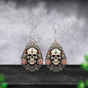 Vintage Gothic Skull Rose Teardrop Earrings