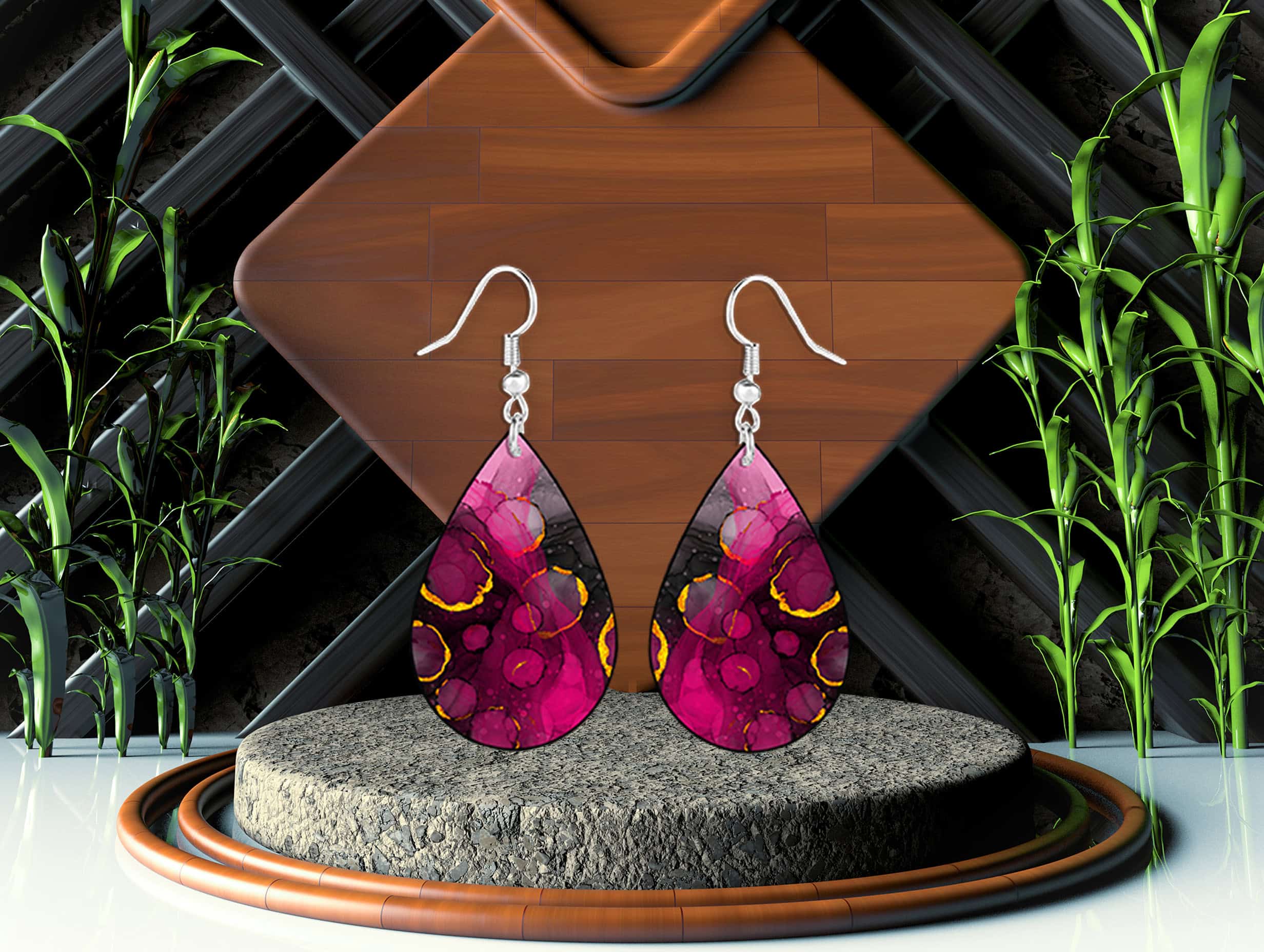 Pink Alcohol Ink Teardrop Earrings - Image 3