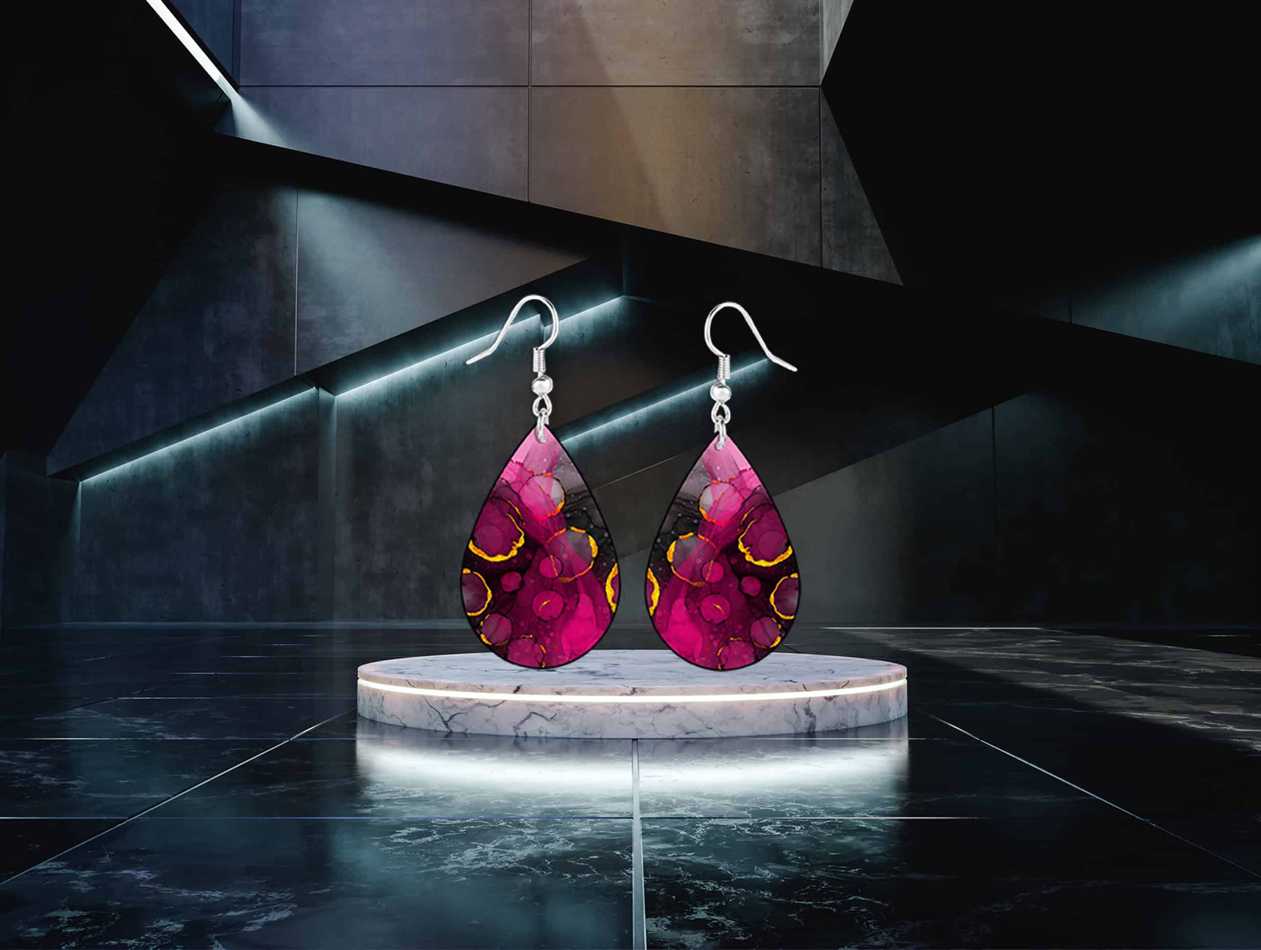 Pink Alcohol Ink Teardrop Earrings