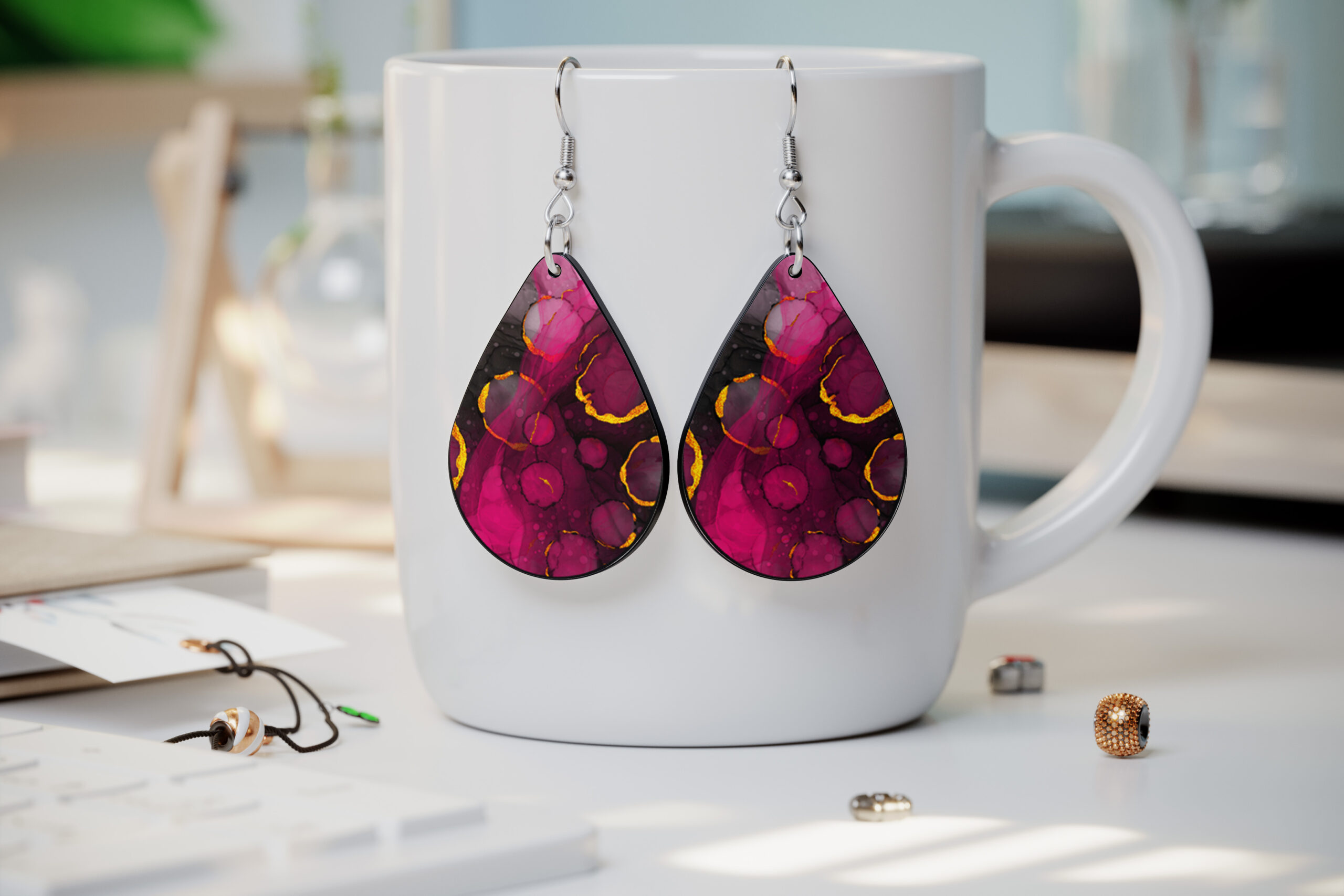 Pink Alcohol Ink Teardrop Earrings - Image 2