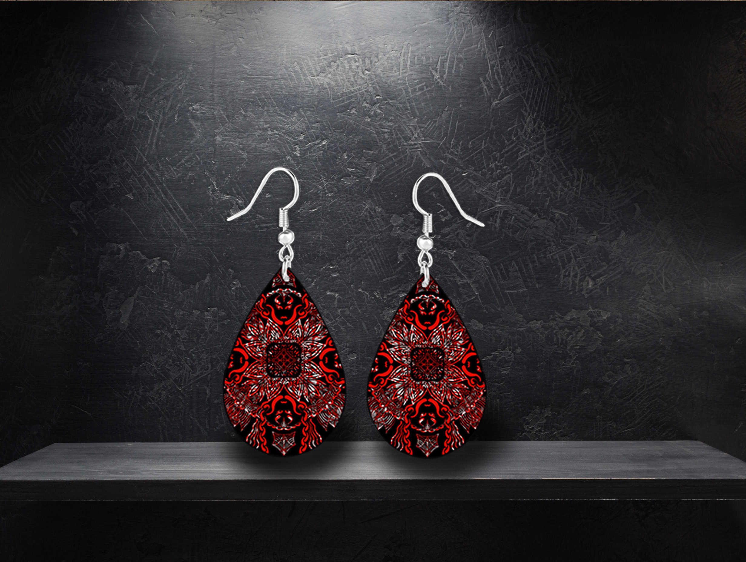 Red & Black Mandala Teardrop Earrings - Image 2
