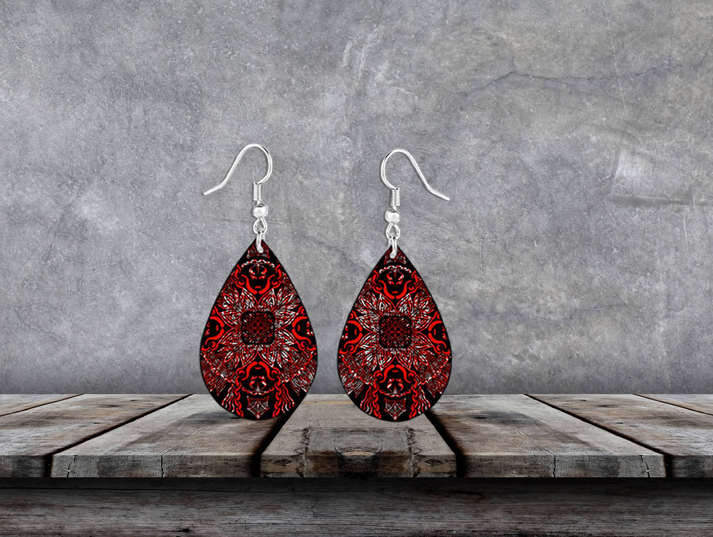 Red & Black Mandala Teardrop Earrings